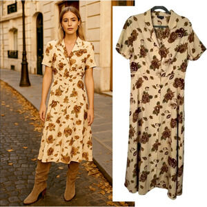 NY&CO 10 Silk Floral Button Front Midi Dress Short Sleeve Brown Tan EUC!